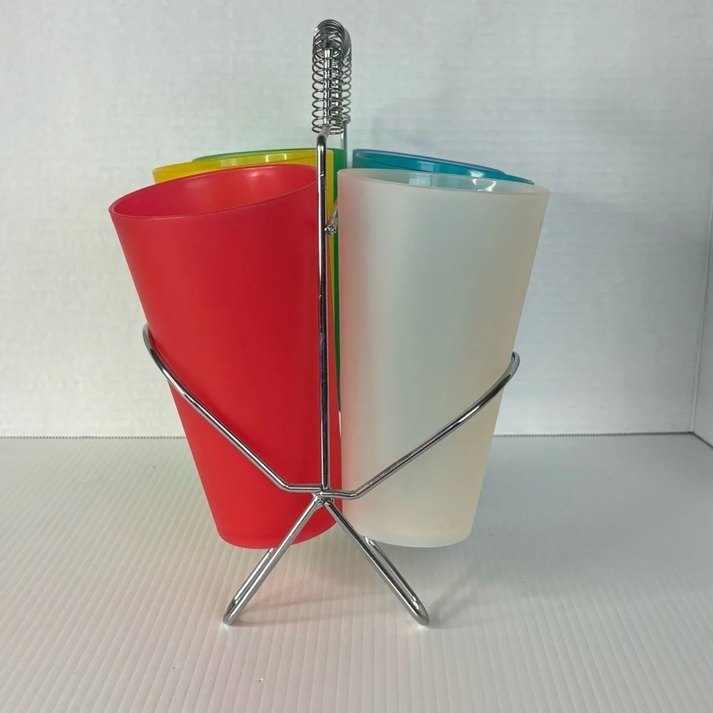 6 Vintage ? Colorful Plastic Drinking Glasses With Metal Holder Barware MCM